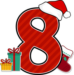 number 8 with red santa's hat and christmas design elements isolated on white background. can be used for holiday season card, nursery decoration or christmas paty invitation