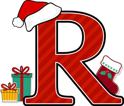 capital letter r with red santa's hat and christmas design elements isolated on white background. can be used for holiday season card, nursery decoration or christmas paty invitation