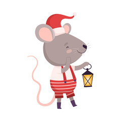 Cute Mouse in Santa Hat Standing with Lantern, Cute Small Rodent Animal Character, Symbol of 2020 Year Vector Illustration