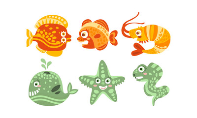 Cute Friendly Sea Creatures Vector Set. Underwater Life for Kid Illustrated Book Concept