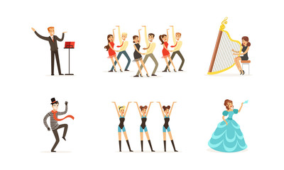 Performer Characters Playing Entertainment Performance on Theater Stage Vector Illustrations Set