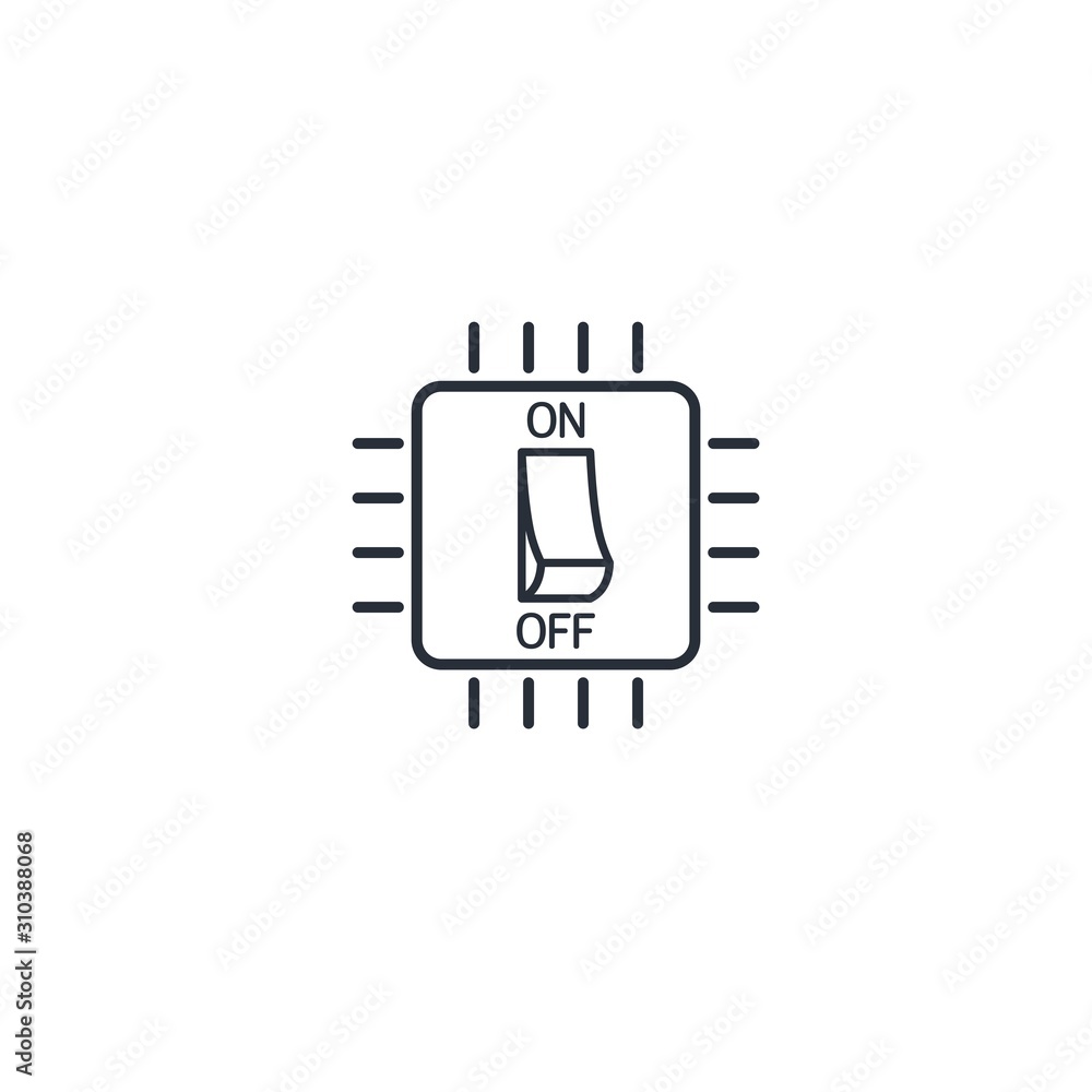 Poster electronic processor. button on, off. vector linear icon on a white background.