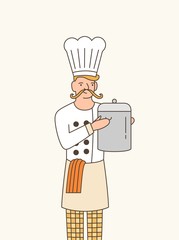 Sous chef flat vector illustration. Professional male cook in white uniform and hat holding saucepan cartoon character. Elite restaurant kitchen staff member. Gourmet meal specialist.