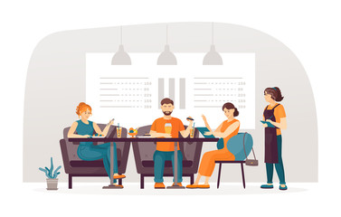 Friends and girlfriends couple together meet at bar, talking and having dinner burgers ice cream with the waitress taking the order. Waitresses serving people relaxing in bar cafe cartoon vector