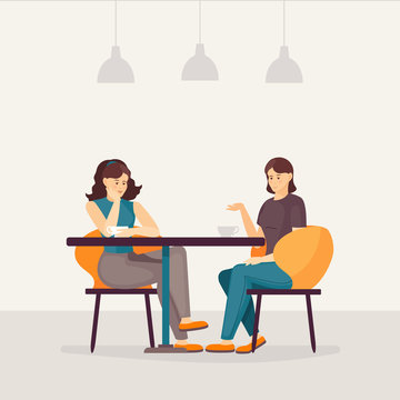 Two girlfriends drink coffee together, talk while sitting at table in cafe. Friendship, Friends meeting woman at business lunch cartoon vector illustration