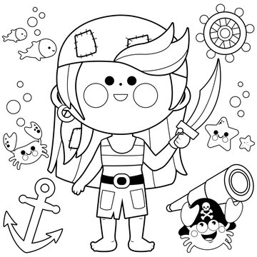 A pirate girl with a sword. Vector black and white illustration
