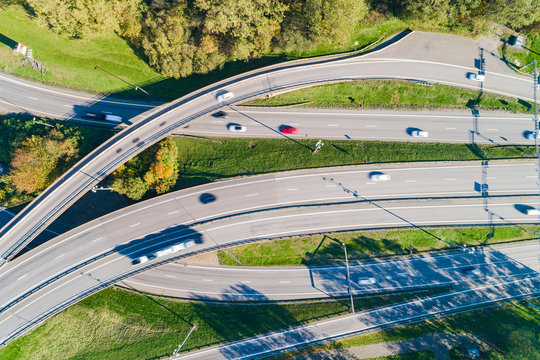 Aerial view of highway junction in city