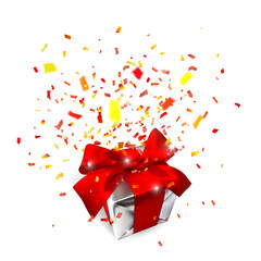 Realistic gift box with red bow and confetti isolated on white background. Vector illustration