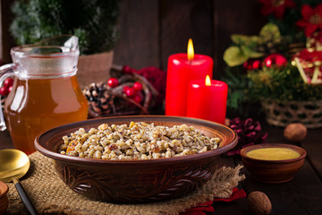 Kutya. Christmas porridge made of wheat grains, poppy seed, nuts, raisins and honey. Christmas kutia. Ukrainian cuisine.