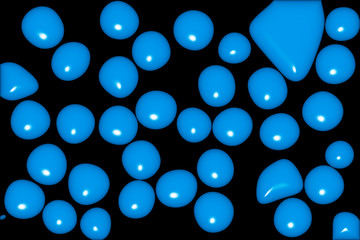 Blue drops of different shapes on black background. 3d illustration