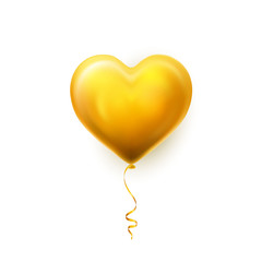 Realistic golden heart balloon on white background with shadow. Shine helium balloon for wedding, Birthday, parties. Festival decoration. Vector illustration