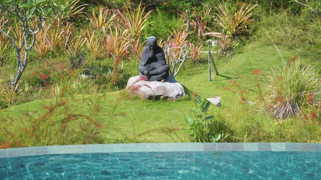 Statue of Buddha surrounded with plants and pool with water in Bali.