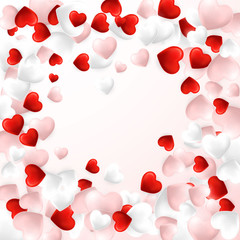 Happy Valentines Day background, flying red, pink and white hearts. Vector illustration