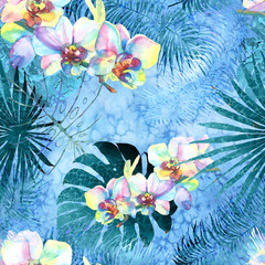 White orchids on a background of blue tropical foliage and water texture. Seamless patterns.Drawing for design of fabrics, wrapping paper, botanical themes, spa, packaging, cards, invitations,t-shirt.