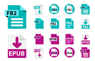 Collection of vector icons for e-book. File format extensions icons. FB2, EPUB. Circle buttons. flat design style
