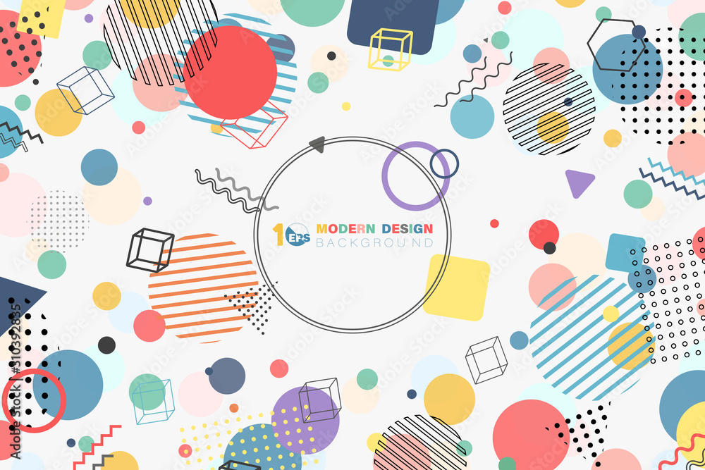 Poster abstract of modern memphis colorful minimal circle pattern design with copy space of text in center.