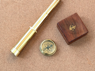 compass, spyglass, old map, ocean, anchor, trip