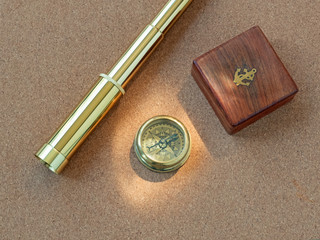 compass, spyglass, old map, ocean, anchor, trip