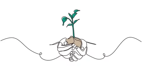Tuinposter Continu één lijntekening van plant in de hand. Handen met natuur teken en symbool vectorillustratie. Minimalisme ontwerp en eenvoud schets hand getrokken. © ngupakarti