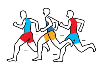 TiskRunning race, marathon, line art stylized.  Colorful line art decorative stylized illustration of three running racers. Vector available.