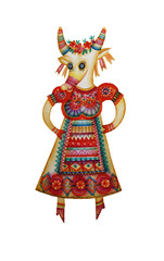 goat in folk costume. decorative image for postcard, drawing on clothes,fabric , invitation card, folk festival. watercolor painting technique policisti decorative patterns
