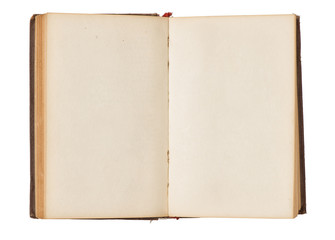 Opened old book with blank pages isolated on white. Top view