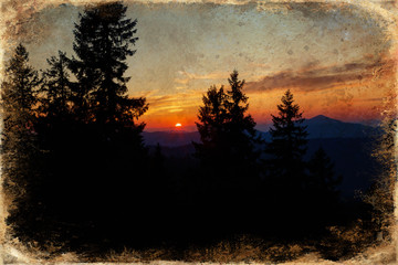 Beautiful landscape in the sunset, old photo effect.