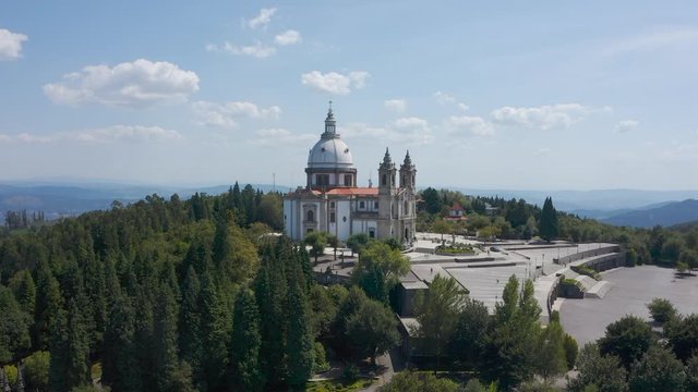 Aerial push in, Sanctuary of Our Lady of Sameiro shrine, Braga, Portugal
