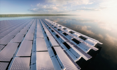 Concept of a floating solar panel array in beautifull calm morning lake with distant wild forest in background. 3d rendering.