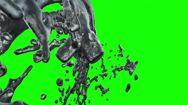 black liquid on green screen exploding in slow motion simulation with a rotating camera