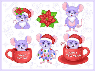 Cute Mouse Happy New Year Set. Vector Illustration.
