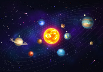 Colorful solar system with nine planets which orbit sun. Galaxy discovery and exploration. Realistic planetary system with satellites in deep space vector illustration. Astronomy science banner.