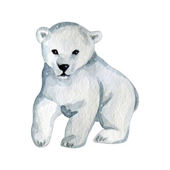 Watercolor cute white polar bears in the north