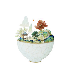 Chinese painting, landscape, tea bowl, porcelain, boiled tea, ancient, tradition, custom, folk custom, Chinese style, Chinese painting, culture, humanities, tea ceremony, cultivation, practice, health