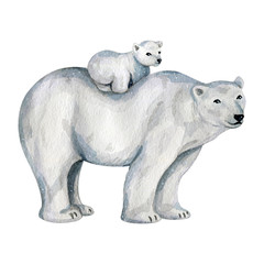 Watercolor cute white polar bears in the north