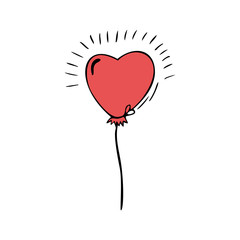 Single hand drawn red balloon in the shape of a heart, isolated on white background. Doodle, simple outline illustration.