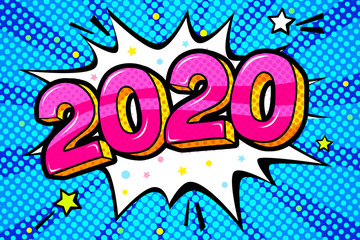 New Year greating card. Red numbers 2020 in word bubble.