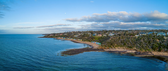 Aerial panorama of Mount Eliza coastline at sunset. Melbourne, Australia