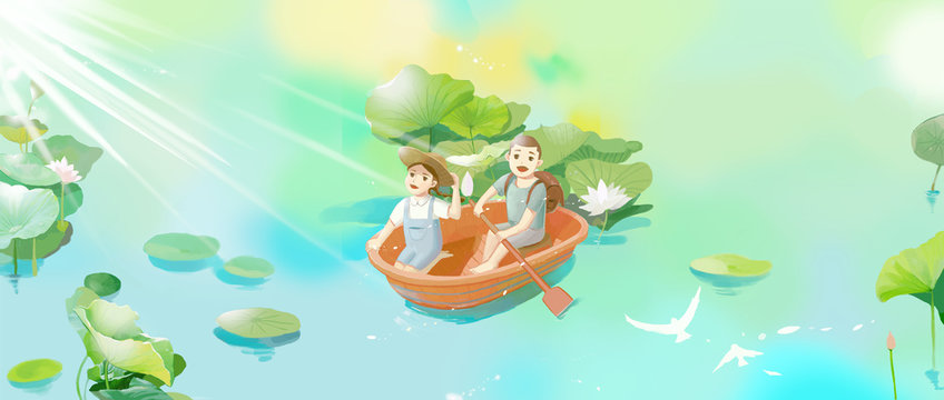 Summer solstice, summer, summer, sun, hot, lotus pond, lake, lotus, lotus, lotus leaf, lotus, boat, hair, kid, child, childhood, childhood, play, playful, picking lotus, boating, summer vacation, summ