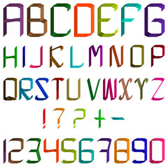 Multicolored 3d alphabet made of cardboard and paper in origami style. Colorful and bright colored stripes of the English alphabet with numbers on white background. Vector illustration.