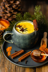 Golden milk in white mug, turmeric latte made with curcuma, cinnamon, anise, honey. Healthy hot winter drink, natural, organic beverage. Close up, front view.  Wooden rustic background, fir tree