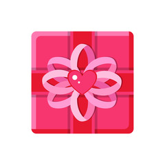 Pink cartoon gift box with heart in vector. Gift present for Valentine s day, birthday, wedding. Vector illustration. Romantic gift decorated with heart and bow.