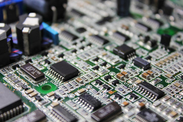 Closeup of electronic circuit board or PCB printed circuit board