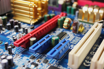 Closeup of electronic circuit board or PCB printed circuit board