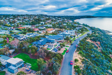 Mount Eliza luxury residences at sunset - aerial view. Melbourne, Austrlaia