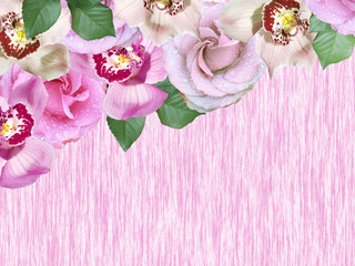 Beautiful floral background of orchids and roses. Isolated