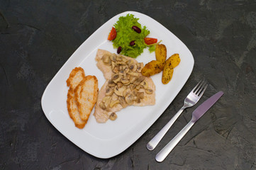 Stewed mushrooms with fish fillet, salad, fried potatoes and croutons, on a warm gray background. Tasty traditional italian food
