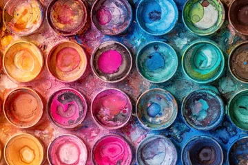 Tuinposter Closeup of used watercolor palette - beautiful vivid colors © Greg Brave