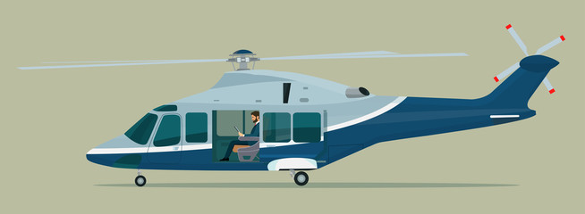 Helicopter with an open passenger door and businessman inside. Vector illustration.