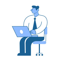 Businessman sitting at his workplace. Manager working on a laptop in his office. Flat vector illustration. Isolated on white background.